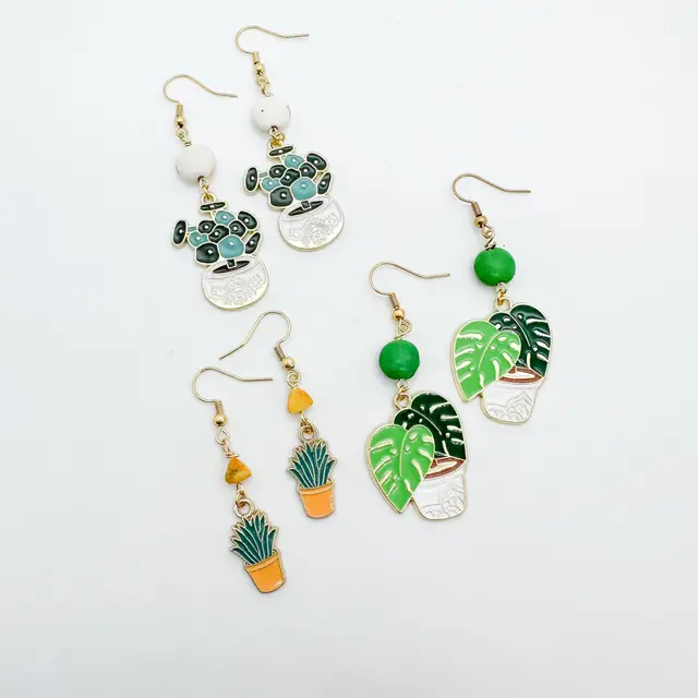 Plant and Succulent Earrings, Enamel Detail, Dangle, Various