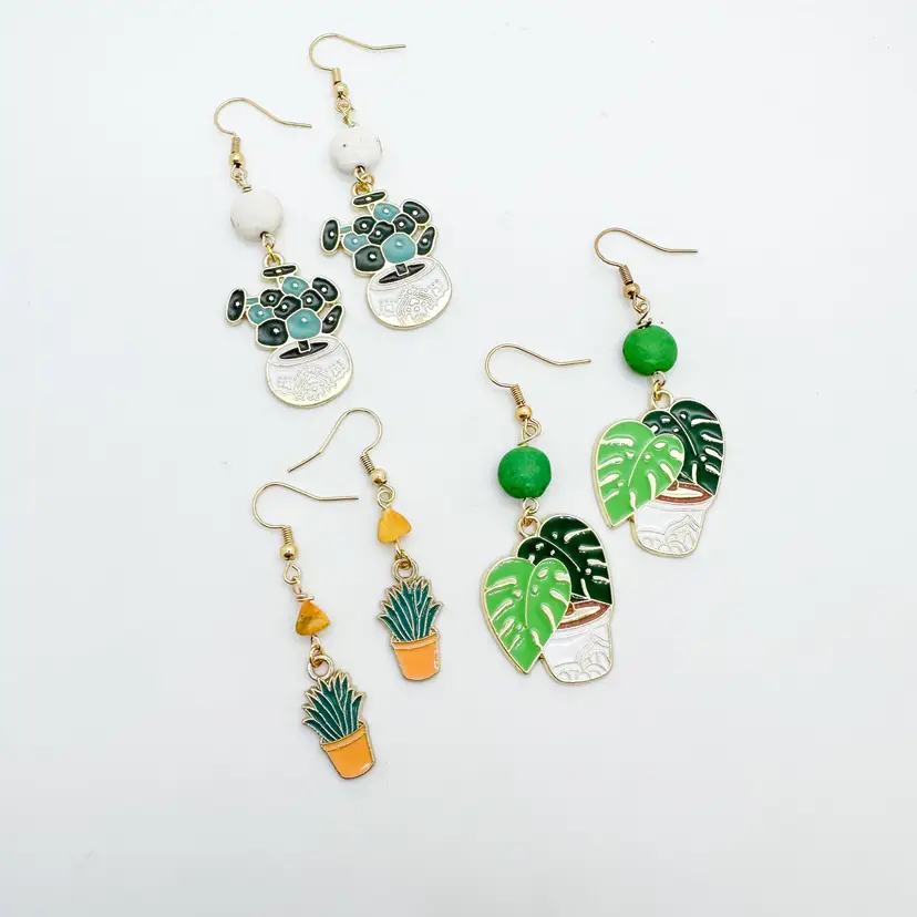 Plant and Succulent Earrings, Enamel Detail, Dangle, Various