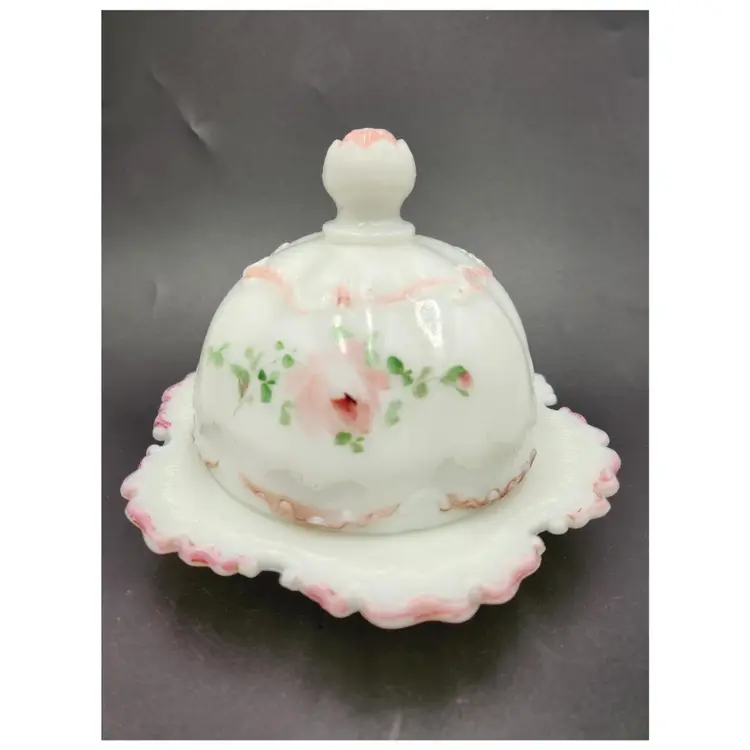 Antique Dithridge Versailles Butter Dish Milk Glass Enamel Roses EAPG