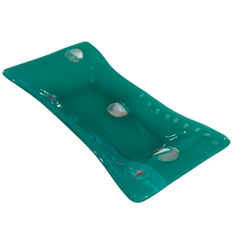 Aquamarine Blue Green Fused Glass Abstract Design Shallow Dish