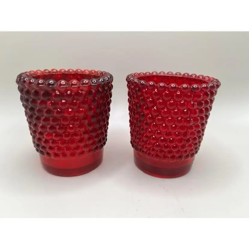 Vintage Red Hobnail Glass Votive Candle Holders ~ Set of 2 ~ UV Reactive ~ 2.5 inches tall