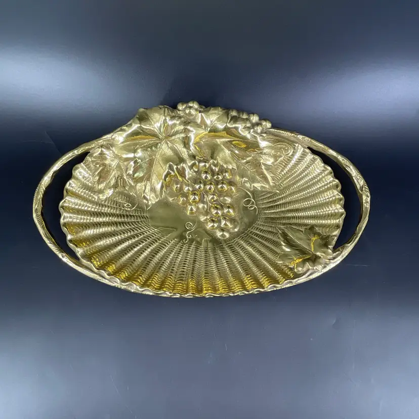 Vtg Cast Metal Vide Poche Dish Grapevine Bronze Gold Tone Handled Brass Bowl