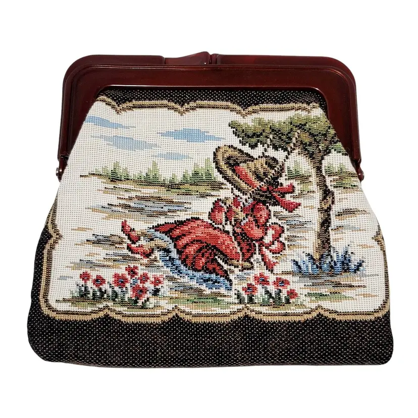 Vintage 1960 Tapestry Coin Purse Floral Girl in Swing Silhouette Needlepoint 5"
