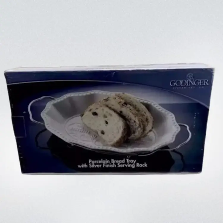 Godinger Porcelain Bread Tray & Serving Rack Silver Finish Bless This Home NEW