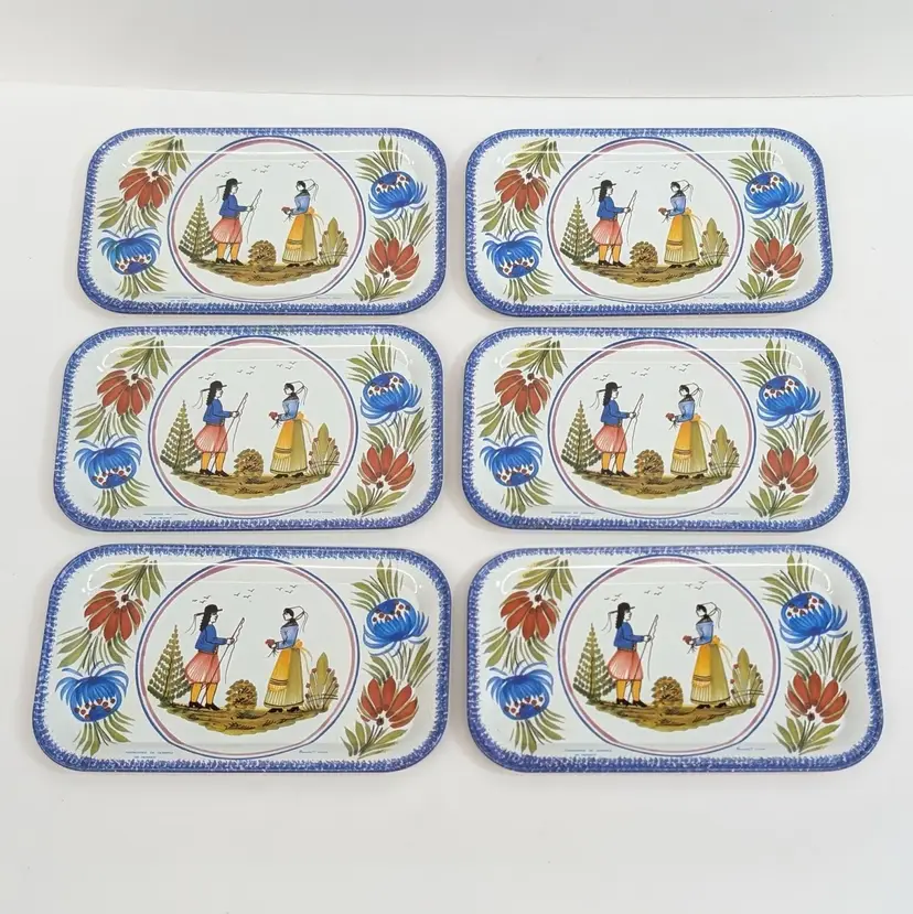 Vintage Set of 6 Henriot Quimper Metal Tin Tray Massilly France Pastoral Folk Scene