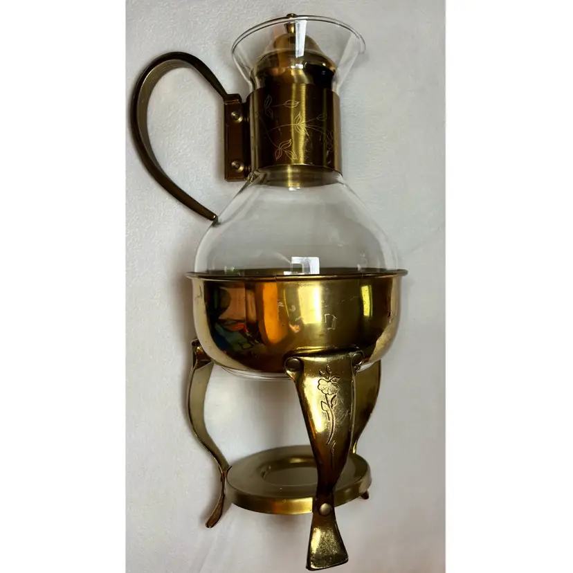 “Vintage Princess House Brass & Glass Coffee Carafe Warmer Set”