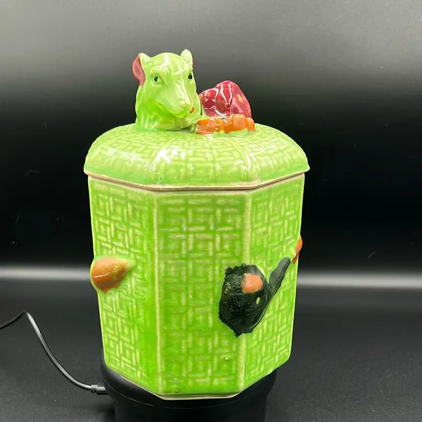Vintage Humidor Ceramic Japan Dog Head Depression Green Cigar Tobacco Storage -vintage Condition With Some Crazing