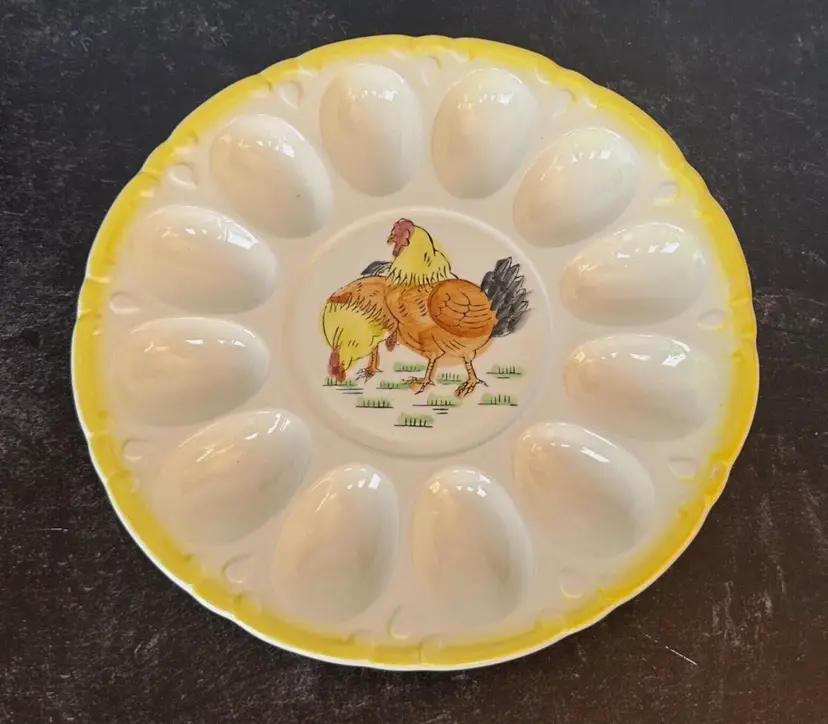 Vintage Handpainted Ceramic Egg Plate-Farmhouse Chicken Motif, Yellow White