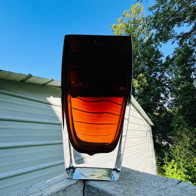 Krosno Poland Sommerso Cased in Clear Art Glass Vase Dark Amber Polish Vase