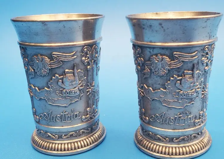 Austria Zinn Germany Vintage 95% Pewter Shot Glass Embossed Lot of 2