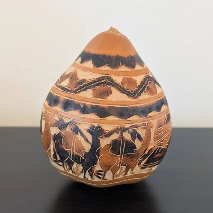 Vintage Peruvian Hand-Carved People & Llamas Gourd Squash Folk Art Trinket Box