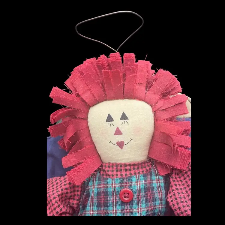 Vintage Raggedy Ann Fabric Folk Doll/Decor, Raffia Heart, Wings & Halo, 20"