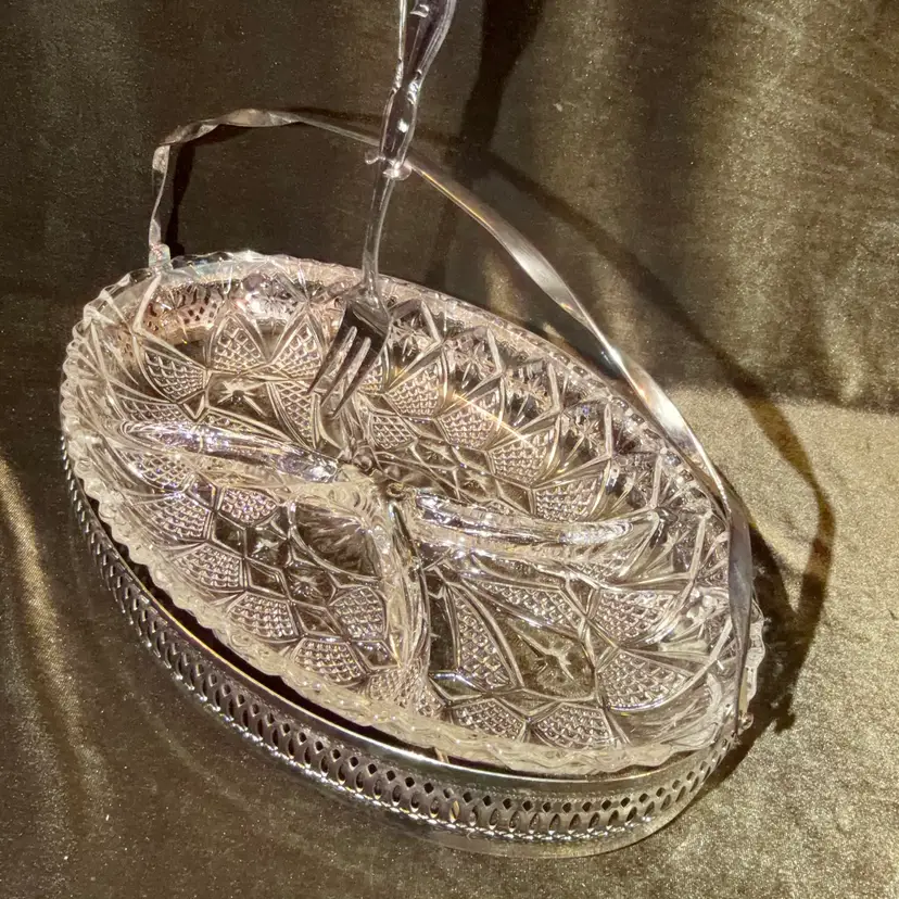 Vintage Pressed Glass Divided Serving Dish with Silver-Plated Carrier