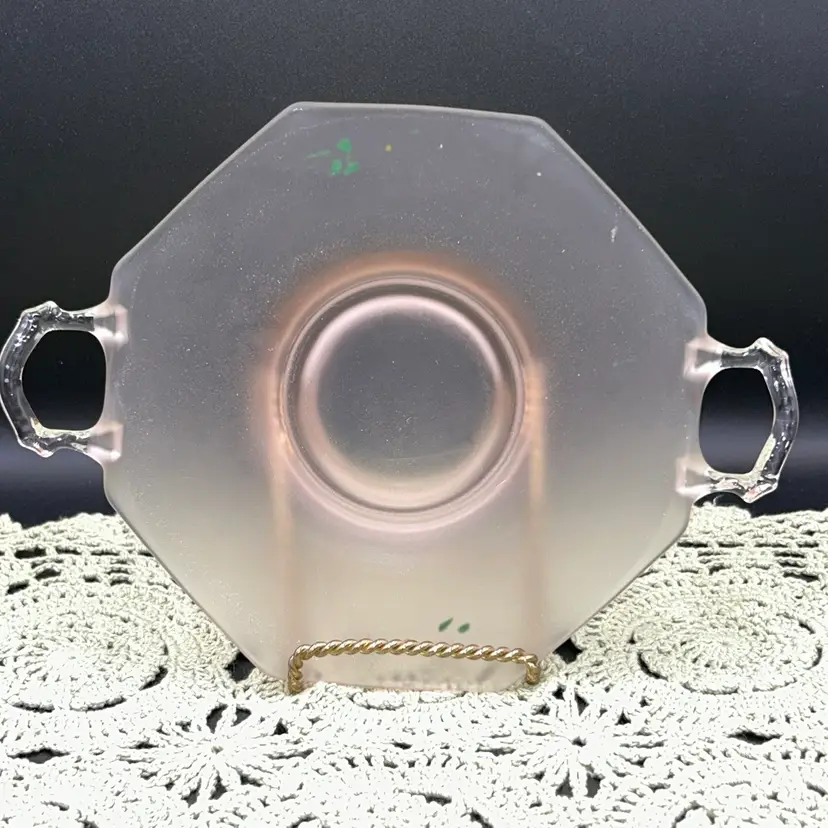 Vintage Pink Depression Frosted Glass Hand Painted Floral Octagonal Dish