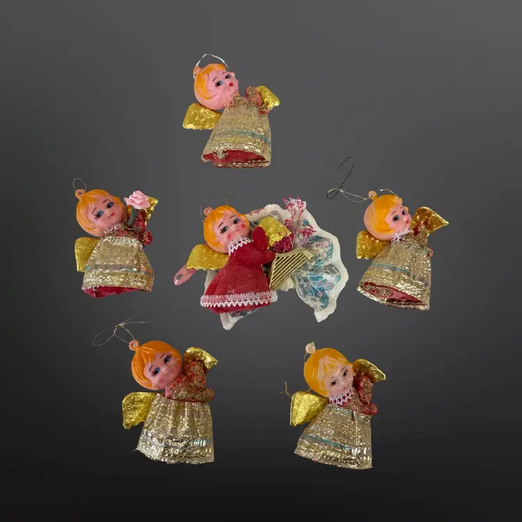 Vintage Kitschy Flocked Plastic Blow Mold Angel Ornaments - Lot Of 6 Marked Hong Kong