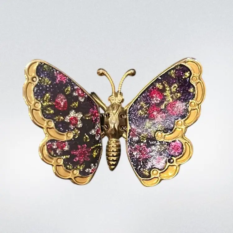 Vintage Large Gold Tone Purple, Pink And Green Enamel Butterfly Brooch