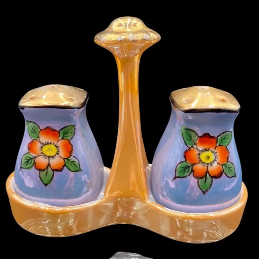 Vintage Chikaramachi Japan Blue Lusterware Floral Salt & Pepper Shakers w/Tray