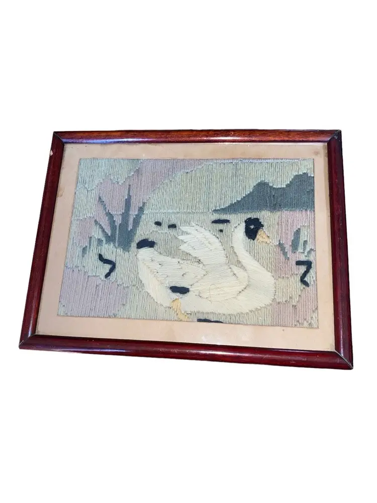 Vtg Crewel Needlepoint Embroidered Swan On Lake 1929 Belgium Wood Frame 6”x8”