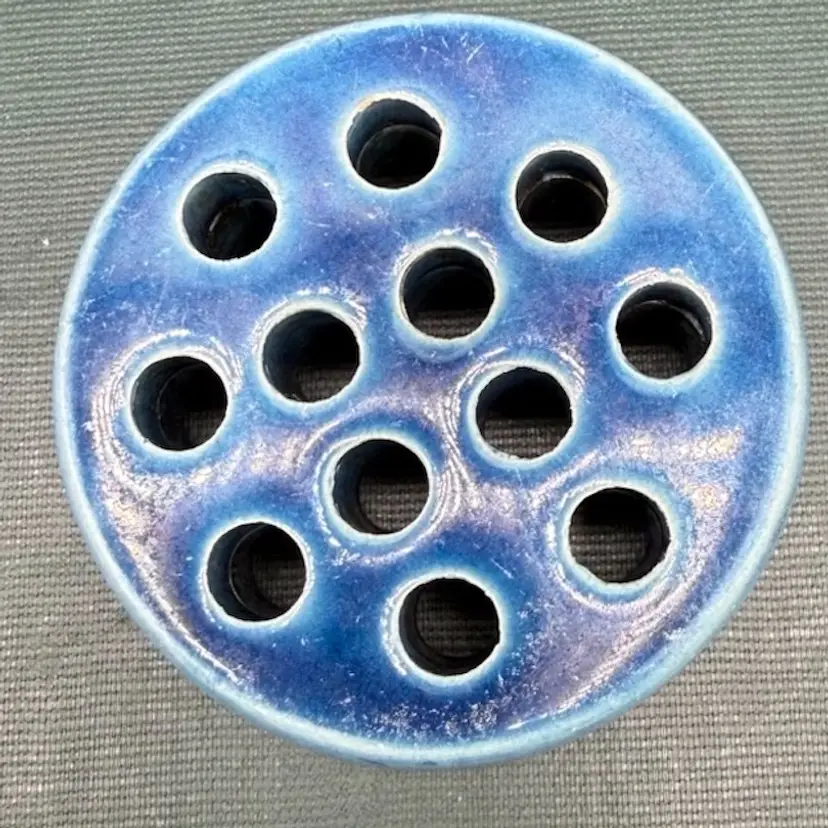 Vintage Cornflower Blue Art Pottery Flower Frog - 12 Hole Floral Arranger 3 1/4”x2”