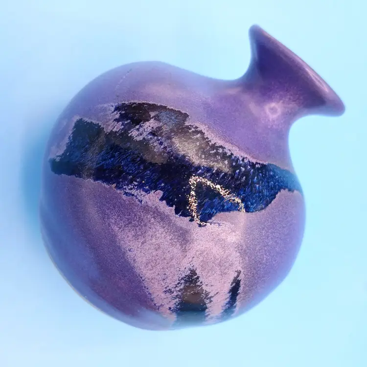 Studio Art Pottery Small Purple Bud Vase, Crystalinne Blue Accents, Signed