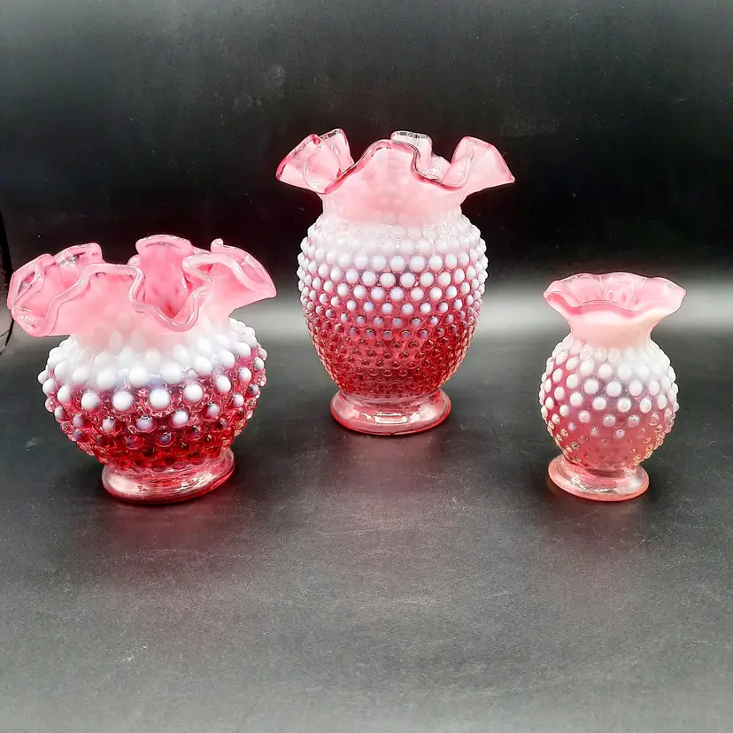 Vintage Fenton Cranberry Opalescent Hobnail Ruffled Crimped Rim Vases Set Of 3
