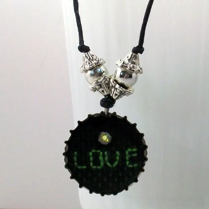 Cross Stitch LOVE Pendent Necklace Repurposed Izzy Soda Bottle Cap 22"
