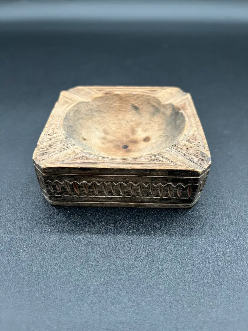 Small Hand Carved Wooden Square Ashtray 3”