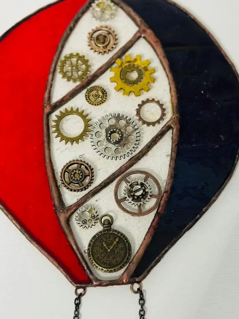 Vintage Stained Glass Hanging Decor Window Hot Air Balloon Red, Blue, with Gears