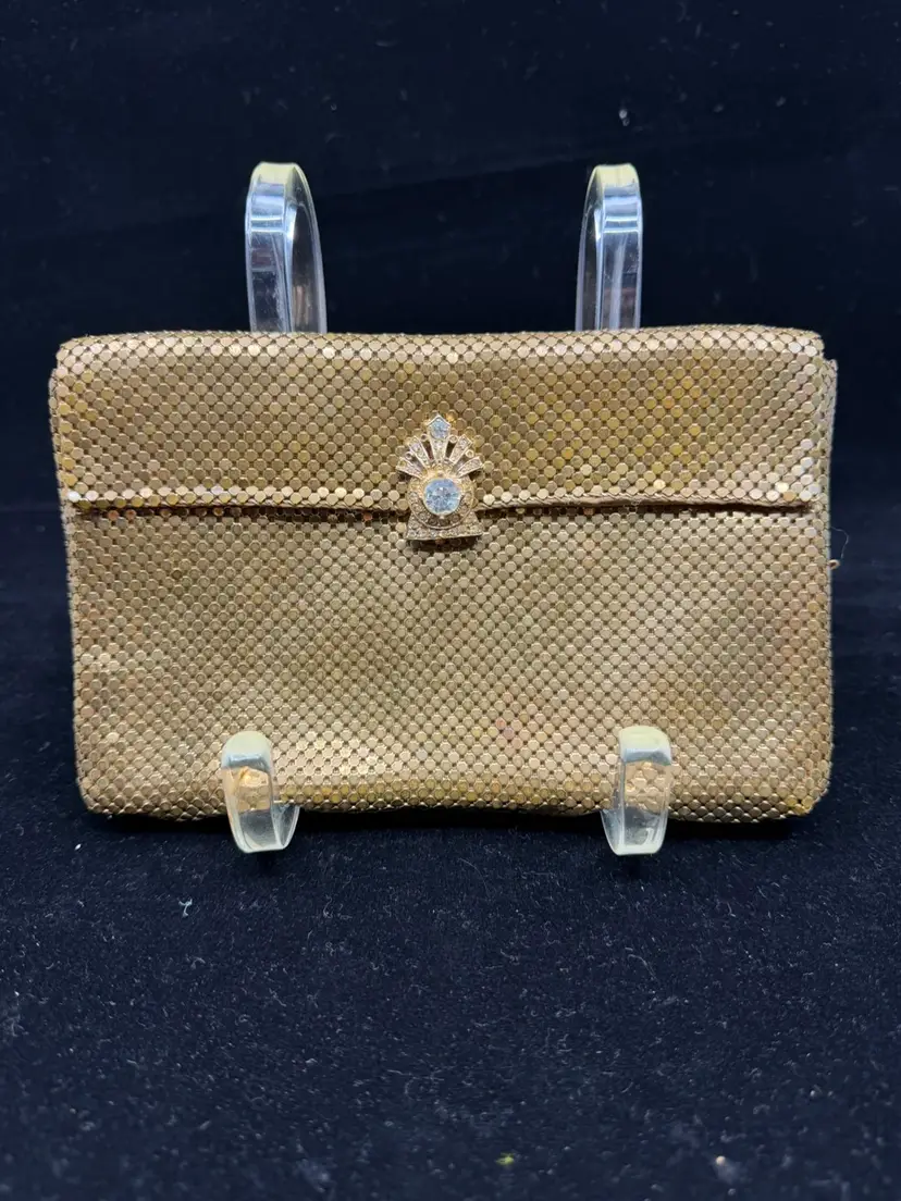 Vintage Gold Mesh Whiting And Davis Evening Bag Clutch w/Rhinestone Clasp