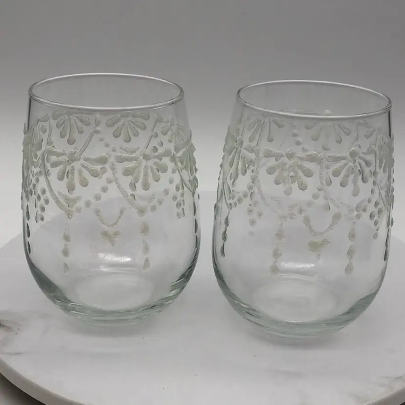 Hand Decorated Wine Glass PAIR  BOHO Chic