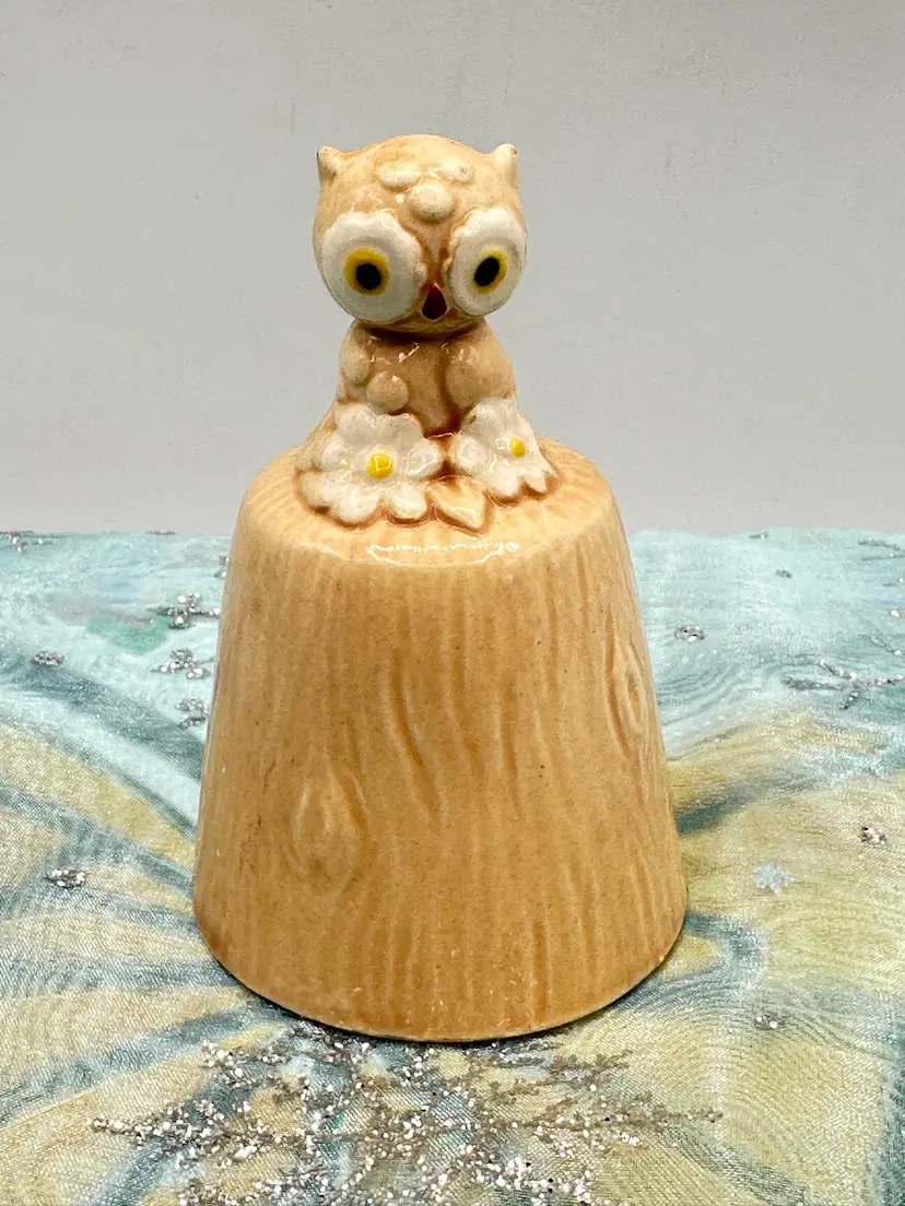 Baby Owl Ceramic Woodgrain Bell by Josef Originals Daisies