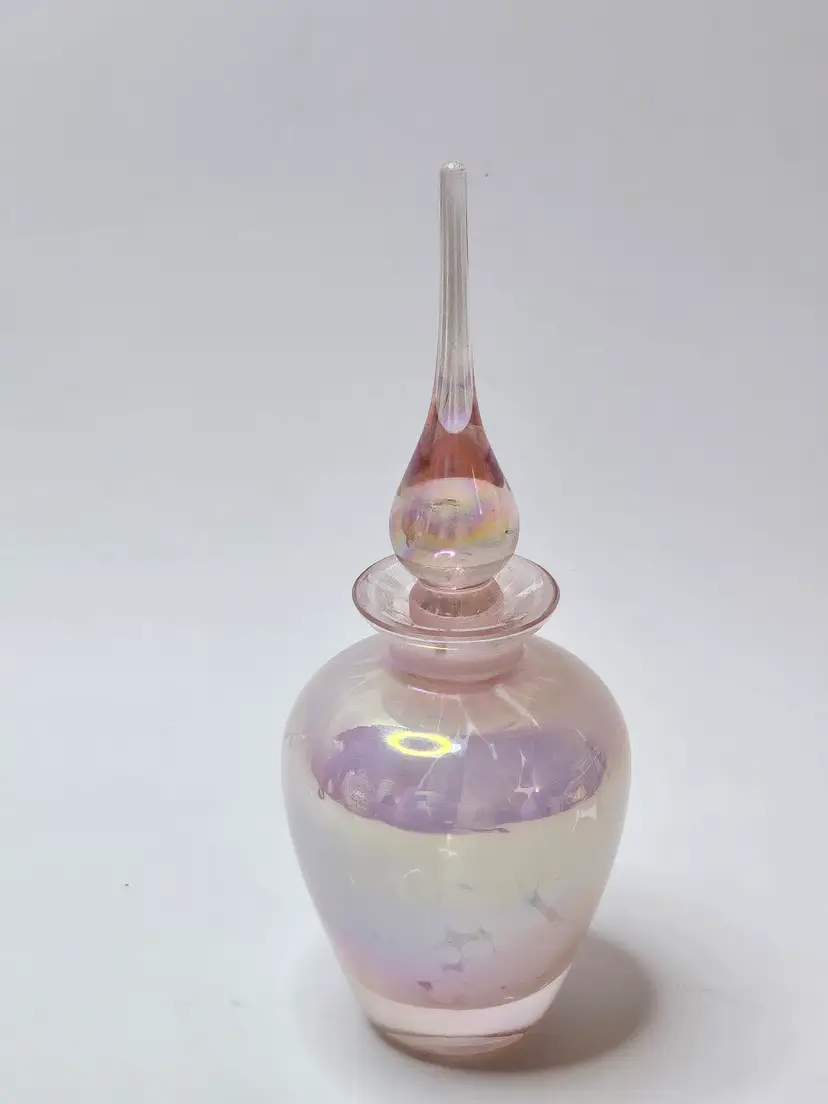 Pink Iridescent Genie Style Perfume Bottle Pastel Fritz Hand Blown Art Glass