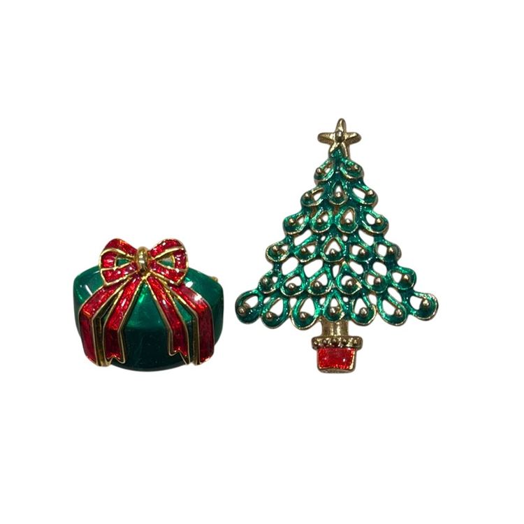 Vintage Lot (2) Vintage Red & Green Enamel Christmas Brooches, Christmas Tree & Present