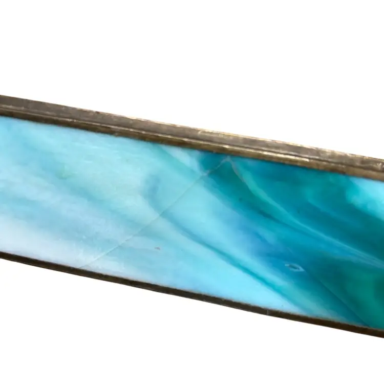 Beautiful Vintage Stained Turquoise/White Slag Kaleidoscope With Fleur De Lis Brass Emblem On Top “As Is”