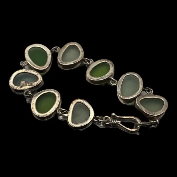 Jessica Lee Vintage .925 Sterling Silver And Sea Glass Bracelet 7.25”