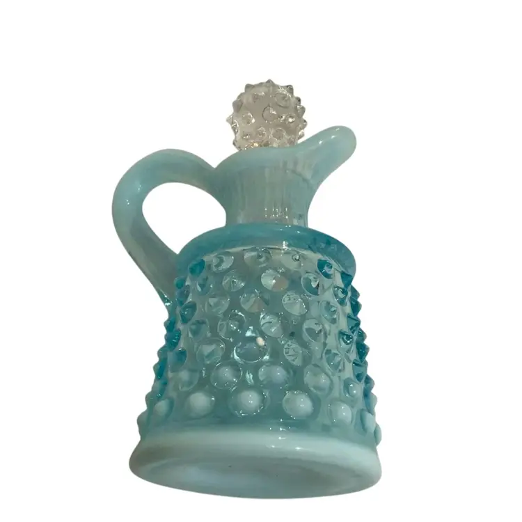 Vintage Fenton Hobnail Vase Two Tone Blue Opalescent And Dewdrop Ruffled Edge Cruet With Original Fenton Stopper In Clear Hobnail Approximately 4.75" Tall With Stopper