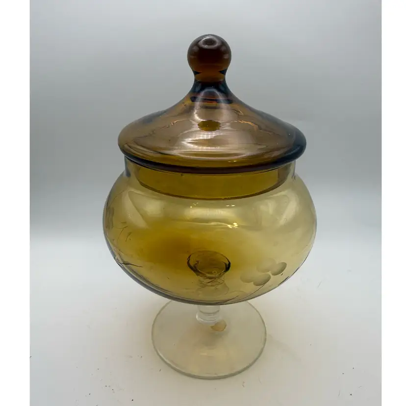Vintage Etched Glass Amber Apothecary Lidded Jar
