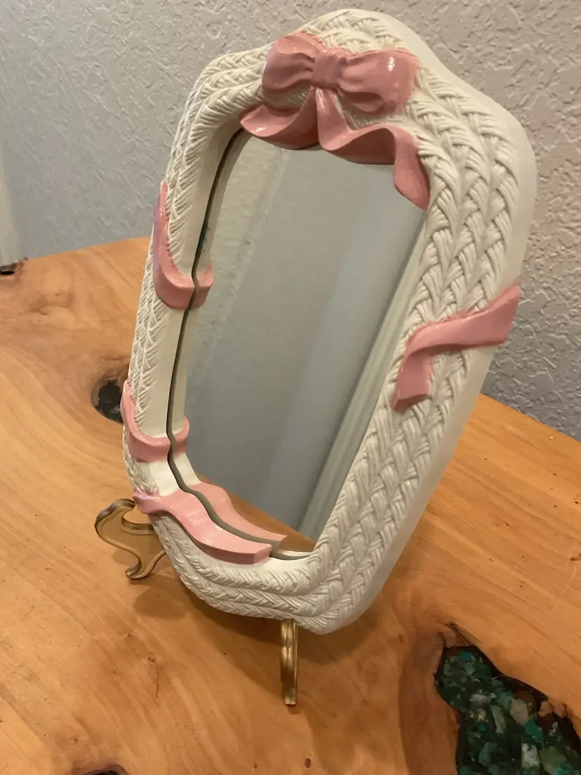 Faux Wicker Mirror w Pink Bow & Ribbon