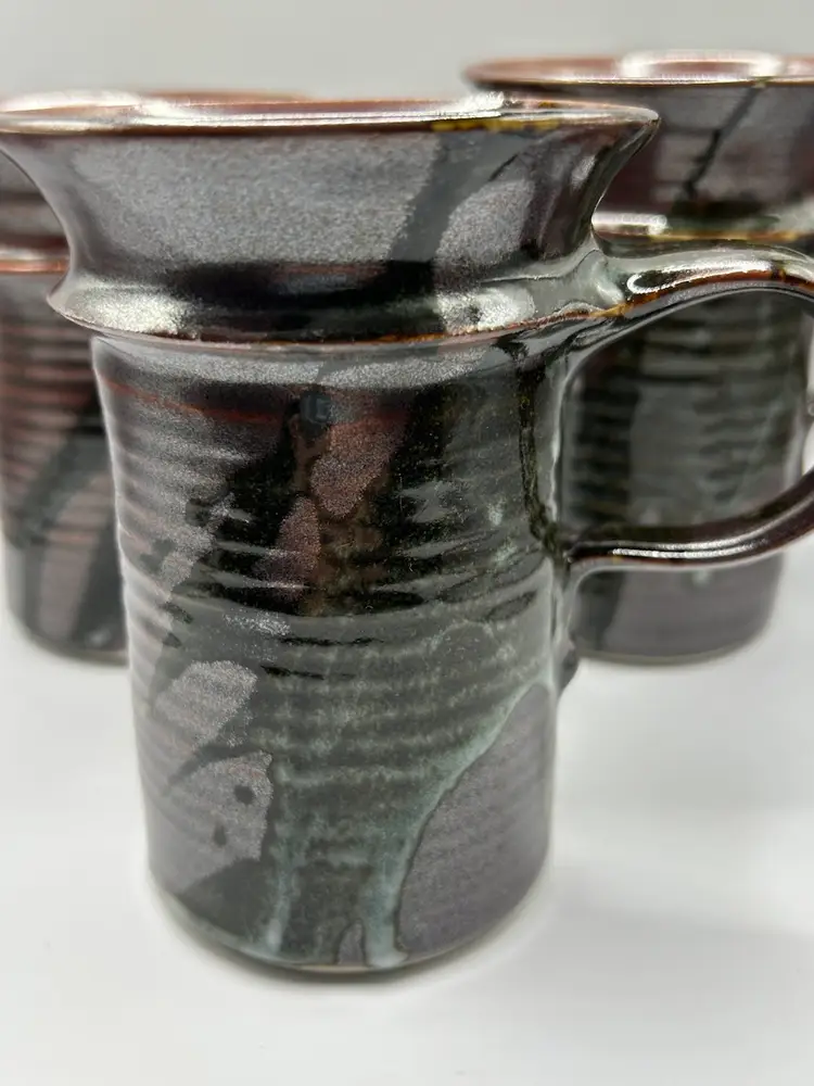 Three Studio Pottery Brown Drip Glaze Coffee/Tea Mugs Signed