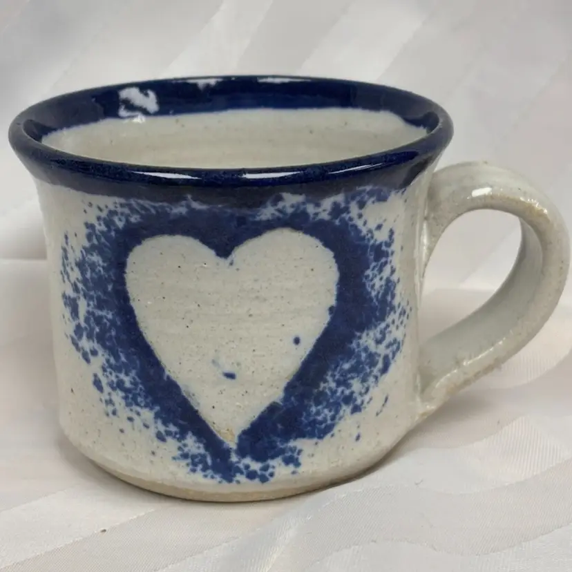 Studio Art Pottery Stoneware Blue And White Heart Coffee Mug Signed