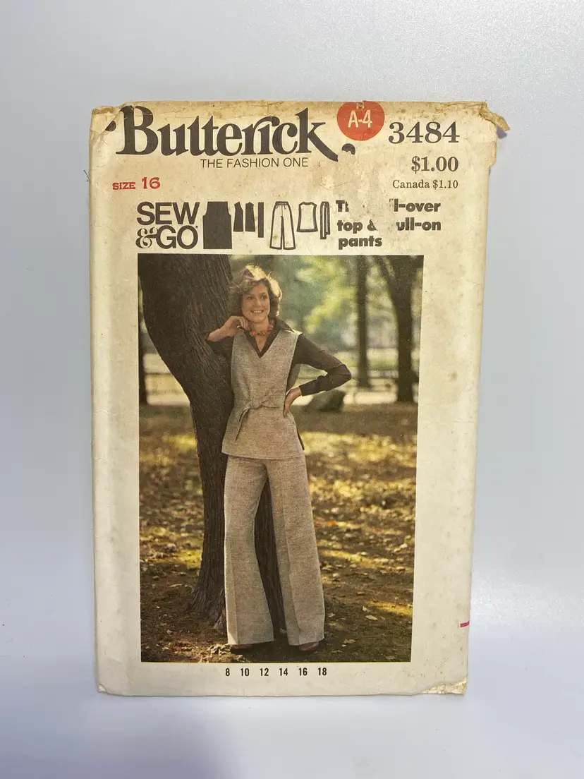 Vintage Butterick Sewing Pattern 3484 Size 16 Misses Top, Pants, Belt 70s