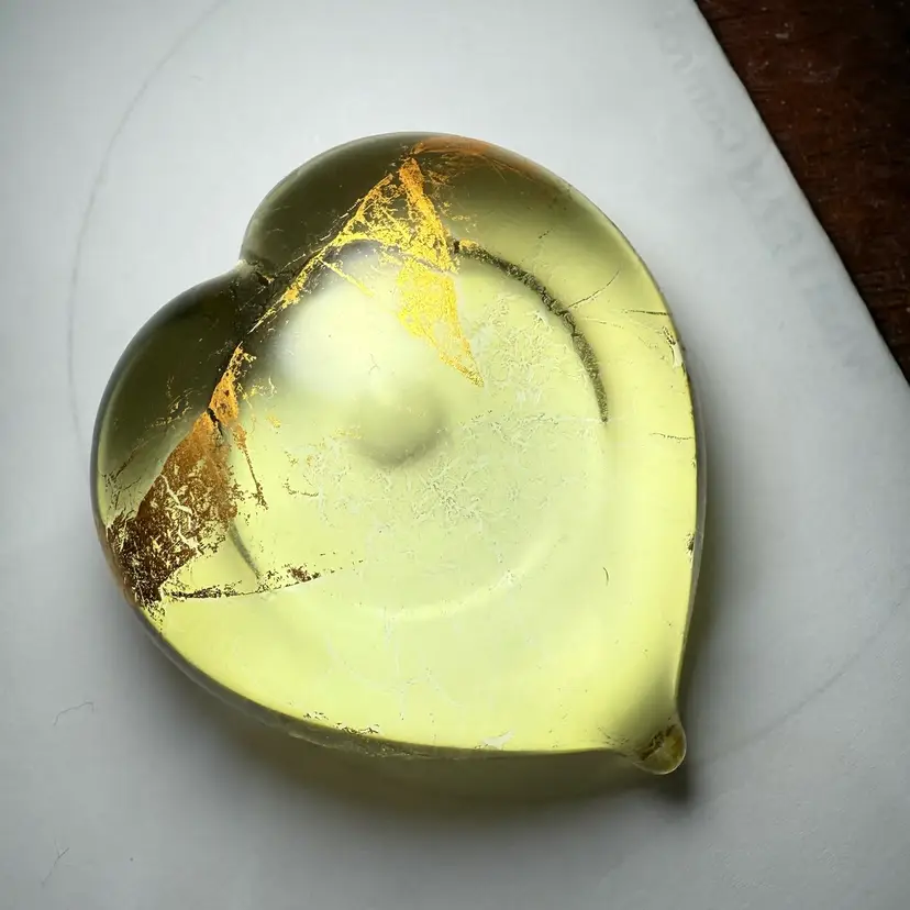 Randy Strong Yellow Glass And Gold Leaf Heart Paperweight 3”