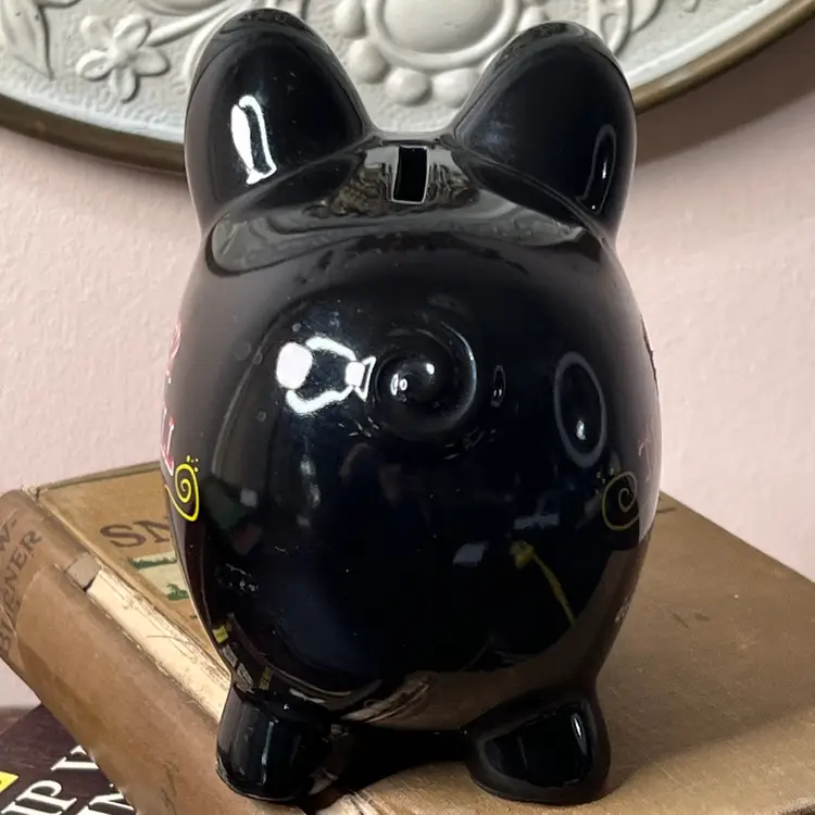 018 Black Ceramic Pig Over The Hill Piggy Bank Amscan 4.75" X 5" X 3.5 Inch