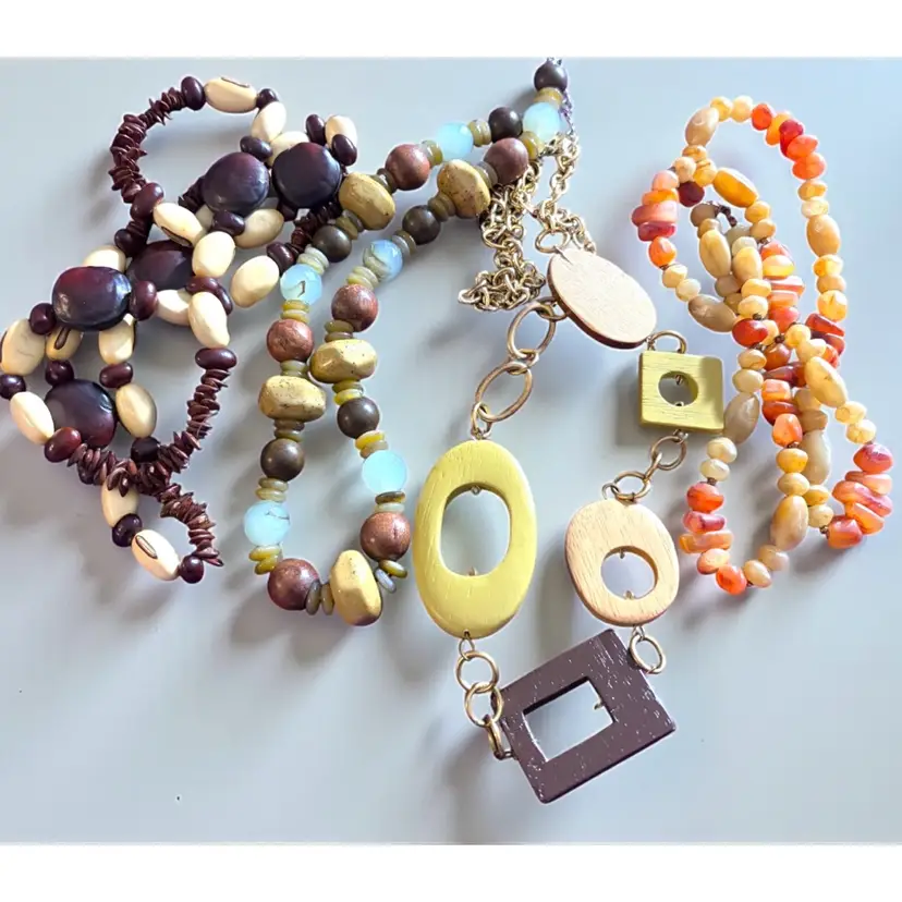 Lot Of 4 - Wood - Seed - Faux Stone Bead Necklaces