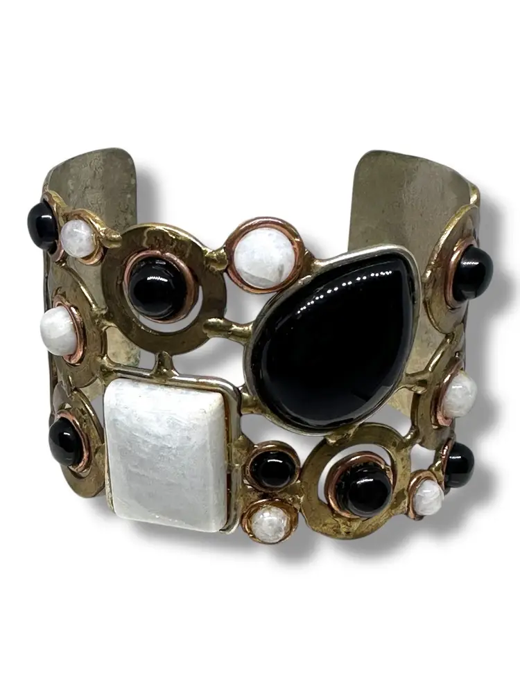 Onyx Cuff Bracelet Big Chunky Mixed Metal Little Village Crafts Modernist
