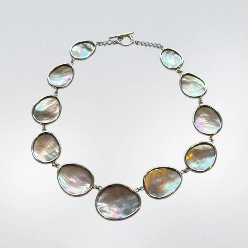 VAR 925 Sterling Silver Mother of Pearl Statement Necklace, 18” Tested 45.6g