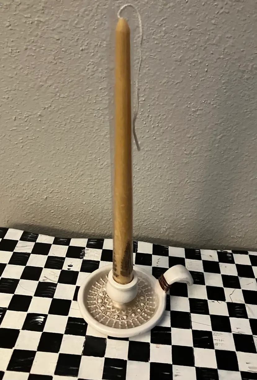 Chamber Candlestick- Cream & Gold Ceramic - Vintage- Leather Wrapping On Handle