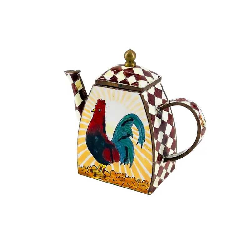 Miniature Enamel Brass Teapot
Hand Painted Rooster Enamel on Brass Burgundy Checks
👉Call Out