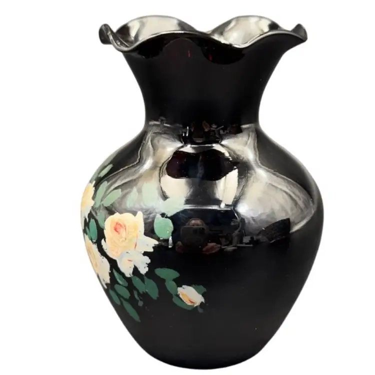 Vintage Amethyst Vase Hand Painted Enamel roses