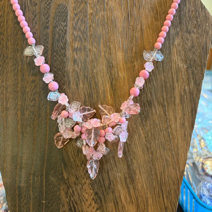 Vintage Czech Pink Art Glass Flower/leaf Bead Necklace 16”